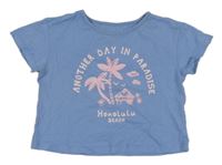 Modré crop tričko s palmami a nápismi in extenso