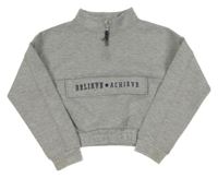 Sivá melírovaná tech fleece crop mikina s vreckom a nápisom PRIMARK