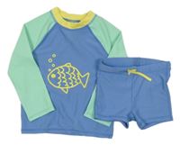 2Set - Modro-pistáciovo-žlté UV tričko s rybičkou + nohavičkové plavky H&M
