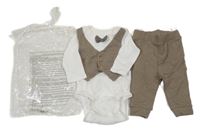 Nové - 2Set - Bílé body s kávovou melírovanou vestou a motýlkem + tepláky H&M