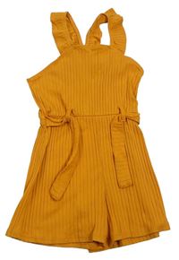 Oranžový žebrovaný kraťasový overal s volánky a páskem River Island