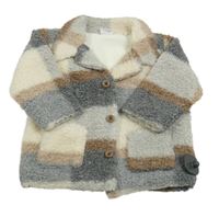 Nové - Sivo-hnedo-smotanová kockovaná huňatá zateplená košeľová bunda F&F