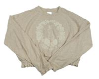 Béžová melírovaná úpletová crop mikina s kvety a číslom s kamienkami River Island