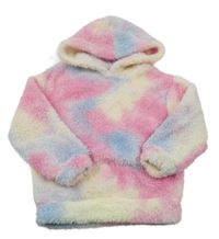 Ružovo-světlemodro-smotanová batikovaná chlpatá mikina s kapucňou Shein