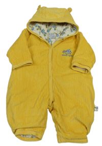 Horčicová rebrovaná zamatová zateplená kombinéza s korytnačkou a kapucňou