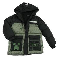 Khaki-černá šusťáková zimní bunda s Minecraft a kapucí