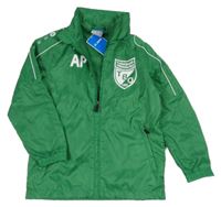 Nové - Zelená šušťáková športová bunda s potlačou a ukrývací kapucňou Jako