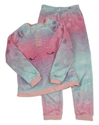 Růžovo-světlemodro-lila chlupaté pyžamo s jednorožcem s flitry George