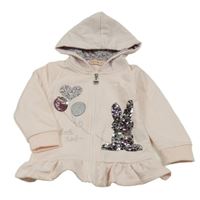 Světlerůžová propínací mikina s králíkem z překlápěcích flitrů a kapucí