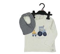 Nové - 2set - Smetanové triko s traktorem + tmavomodro-bílý pruhovaný slinták F&F