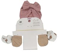 3set - Staroružová vzorovaná turbanová čapica s mašlí + bílé rukavičky s medvědy + hnědé
