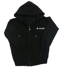 Čierna crop prepínaci mikina s bielým nápisom a kapucňou