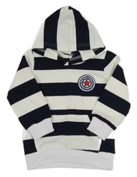 Bielo-tmavomodrá pruhovaná ľahká mikina s nášivkou a kapucňou