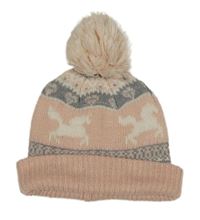 Světlerůžovo-šedá vzorovaná pletená čepice s bambulí 