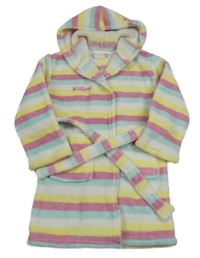 Bielo-farebný pruhovaný chlpatý župan s kapucňou