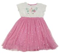 Bílé šaty s růžovou tylovou sukní a jednorožcem Kiki&Koko