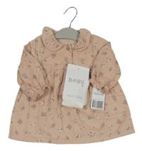 Nové - 2 set - světlerůžové květované manšestrové šaty + bílé punčocháče Matalan
