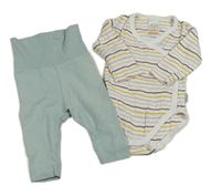 2set - Bielo-farebné pruhované zavinovací body + zelené ľahké tepláky