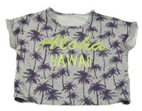 Šedo-fialové teplákové crop tričko s palmami a nápisem 