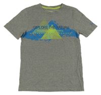 Sivo-modro-zelené tričko s potlačou a nápisom Rossi