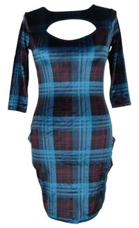 Dámske modro-červeno-čierne kockované zamatové šaty s prestrihom zn. Boohoo