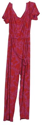 Dámsky ružovo-červený kvetovaný nohavicový overal s opaskom Et Vous