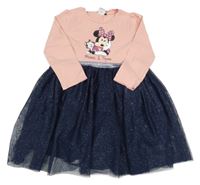 Růžovo-tmavomodré šaty s puntíkatou tylovou sukní a Minnie Disney