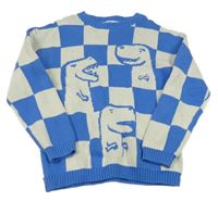 Modro-smotanový kockovaný sveter s dinosaurami H&M