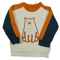 Smetanovo-oranžovo-tmavomodrá mikina s medvedíkom Nutmeg