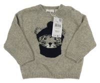 Nové - Šedý svetr s kočkou Mango