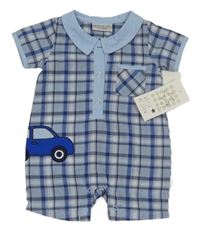 Nové - Světlemodro-modrý kostkovaný plátěný kraťasový overal Watch me grow