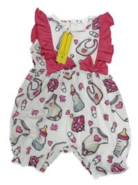 Nové - Bílo-růžový kraťasový overal s obrázky a volánky Shein