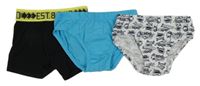 3x - Tyrkysové slipy + bílé slipy s auty + černé boxerky