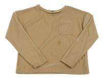 Béžové zamatové rebrované tričko s vreckom Tu