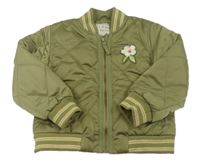 Khaki prošívaný saténový zateplený bomber s květem Next