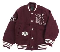 Tmavovínový flaušový zateplený bomber s písmenky a pruhy RIVER ISLAND