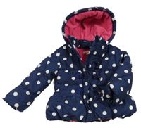 Tmavomodro-bílá puntíkatá prošívaná šusťáková zimní bunda s kapucí Bluezoo