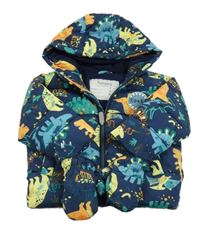Tmavomodrá prešívaná šušťáková zimná bunda s dinosaurami a kapucí + rukavice Nutmeg