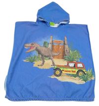 Modrá froté pončo osuška s dinosaurom a jeepem a kapucňou