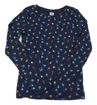 Tmavomodré žebrované triko s barevnými kytičkami Tu