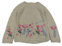 Smetanový vzorovaný pletený svetr s kytičkami a motýlky a nápisem LC WaIKIKI