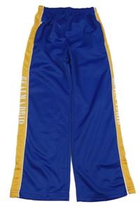 Safírovo-horčicové športové tepláky s nápismi a pruhmi