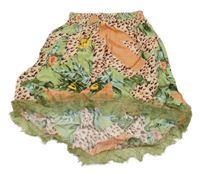 Meruňkovo-lososovo-olivová sukňa s kvietkami a vzorom a čipkou JM