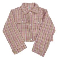 Světlehnědo/růžovo-bielo-malinová kockovaná crop bunda s golierikom SHEIN