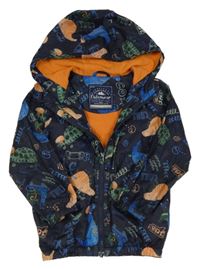 Tmavomodrá šusťáková jarní bunda s dinosaury a želvičkami a skateboardy a kapucí George