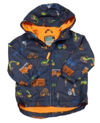 Tmavomodrá melírovaná šušťáková jarná bunda so stavebními stroji a kapucňou zn. F&F
