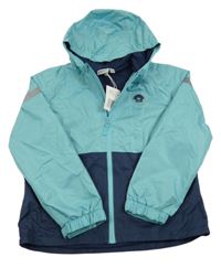 Nové - Tyrkysovo-tmavomodrá šusťáková jarní bunda s nášivkou a kapucí Alive