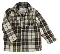 Béžovo-tmavomodro-hnědá kostkovaná vlněná zateplená košilová bunda Topolino