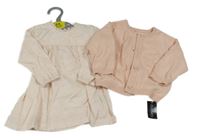 Nové - 2set - Růžový propínací svetr + světlerůžové květované plátěné šaty Dunnes