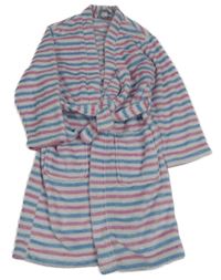 Bílo-růžovo-modrý pruhovaný chlupatý župan Alive